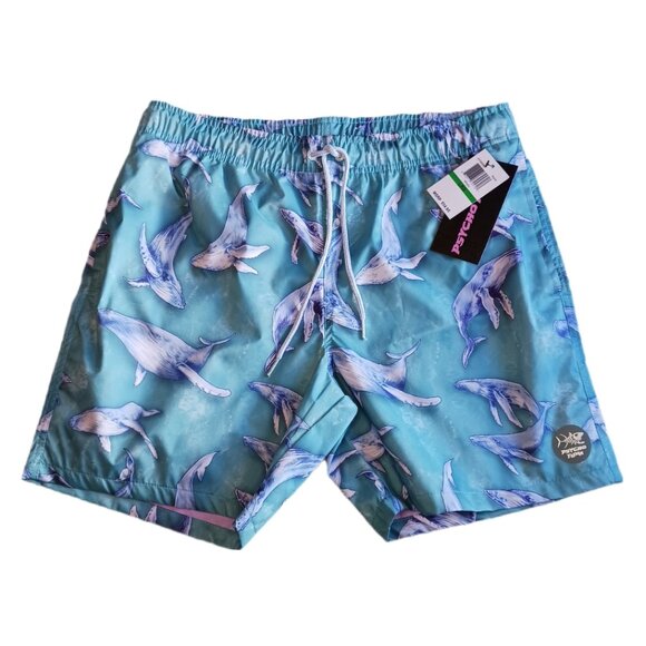 Psycho Tuna Humpback Whales Mens Large Swim Shorts Aqua Drawstring Pockets - Picture 1 of 8